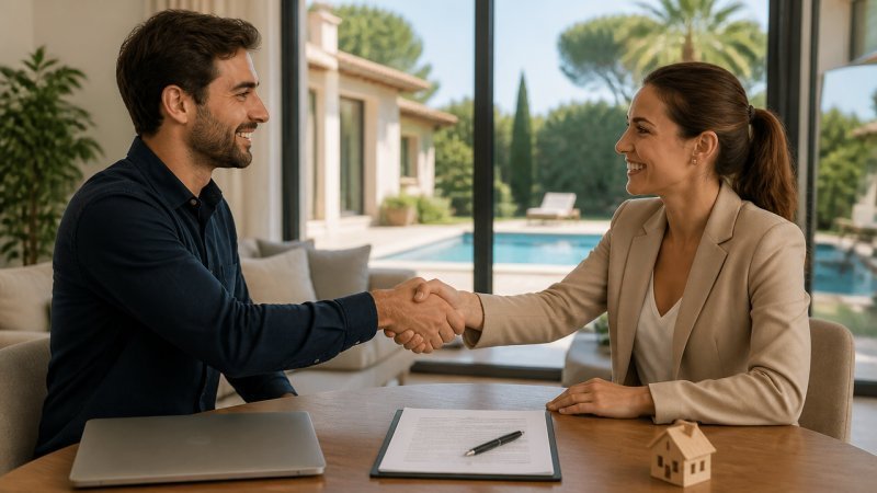 Deux personnes qui se serrent la main après la signature d'un contrat de conciergerie airbnb d'une villa