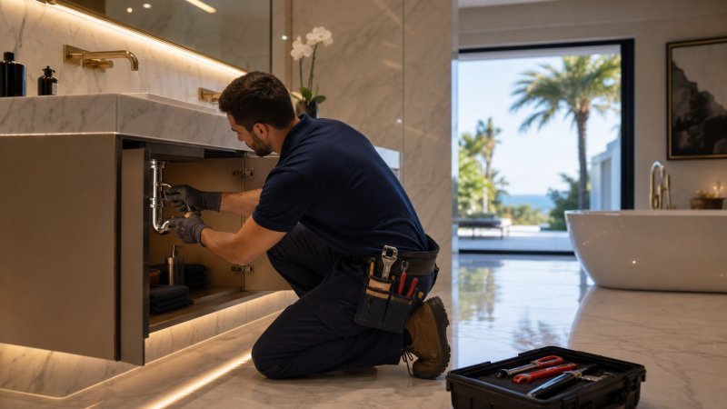 Un plombier intervenant dans une villa de luxe gérée par une entreprise de conciergerie