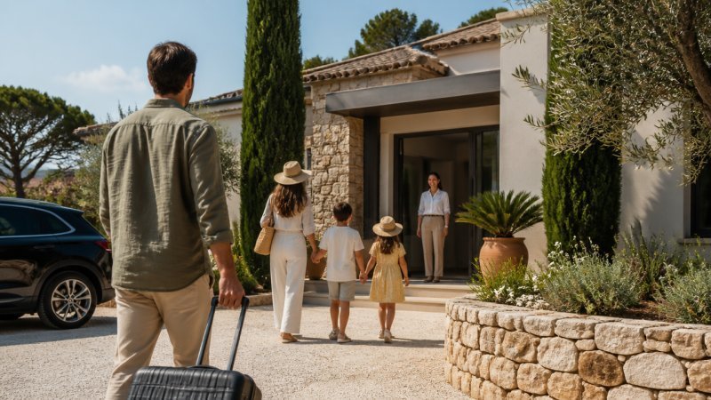 Un propriétaire et sa famille qui arrivent à l entrée dans sa villa gérée par une conciergerie pour des vacances