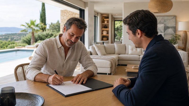 Un propriétaire qui signe un contrat avec un prestataire de service de conciergerie