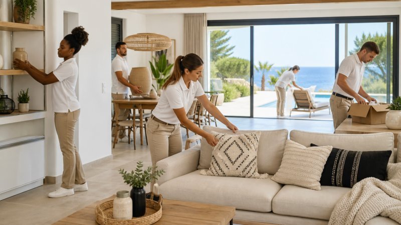 Une équipe d'une conciergerie qui décore et équipe une villa