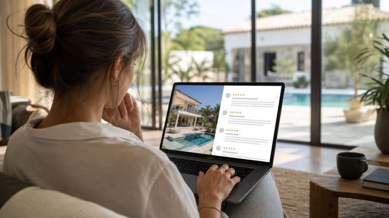Une personne qui lit les avis clients sur un service de conciergerie