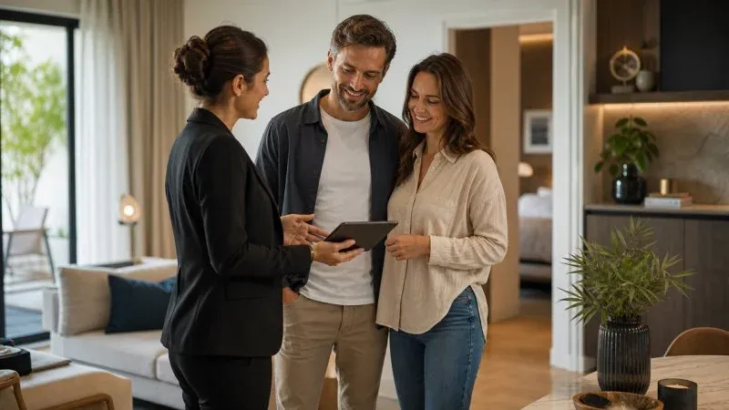 Une responsable d'une entreprise de conciergerie qui accueille un couple dans une villa